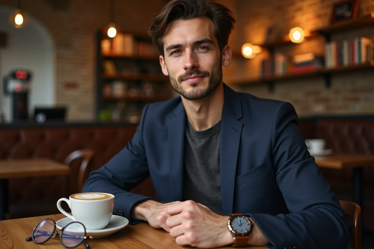 Homme élégant dans un café parisien avec une montre en cuir, des lunettes rondes et un blazer marine