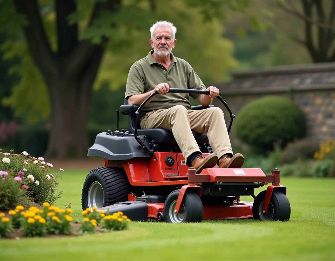 Homme d'une cinquantaine d'années conduisant un tracteur tondeuse dans un grand jardin privé
