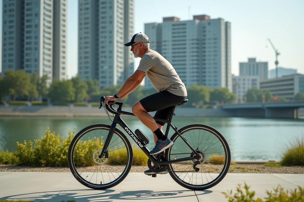 Homme actif à vélo le long d