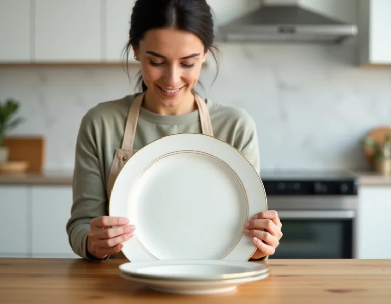 Femme inspectant une assiette en porcelaine à bord doré avant de la mettre au lave-vaisselle dans une cuisine moderne