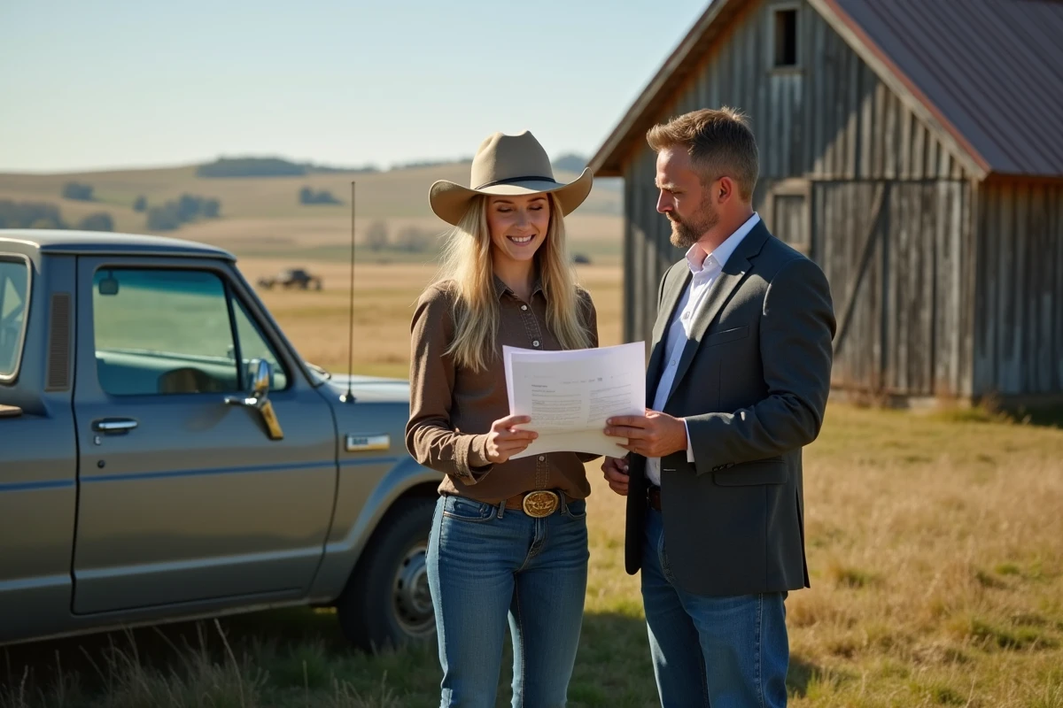 Jeune agricultrice avec documents près d’un tracteur