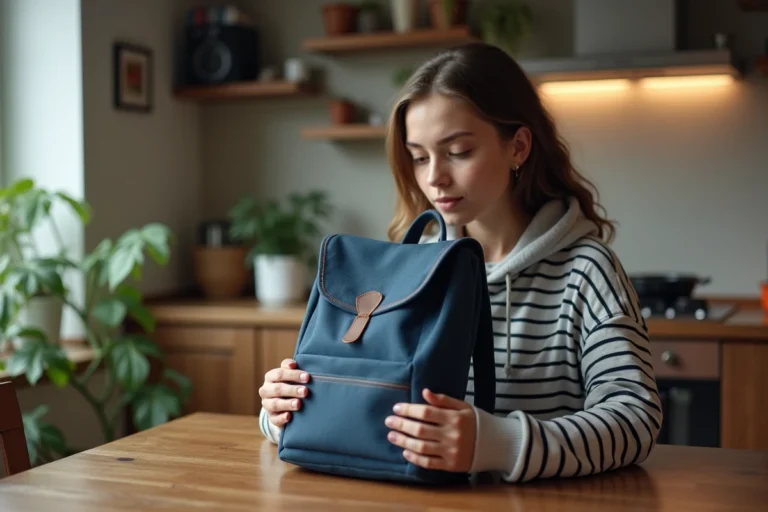 Jeune femme examine un sac à dos urbain dans une cuisine chaleureuse