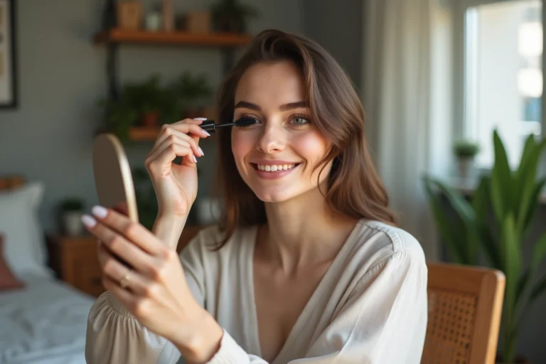 Jeune femme appliquant du mascara dans sa chambre lumineuse