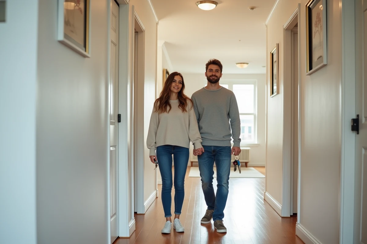 Jeune couple heureux devant leur nouvel appartement