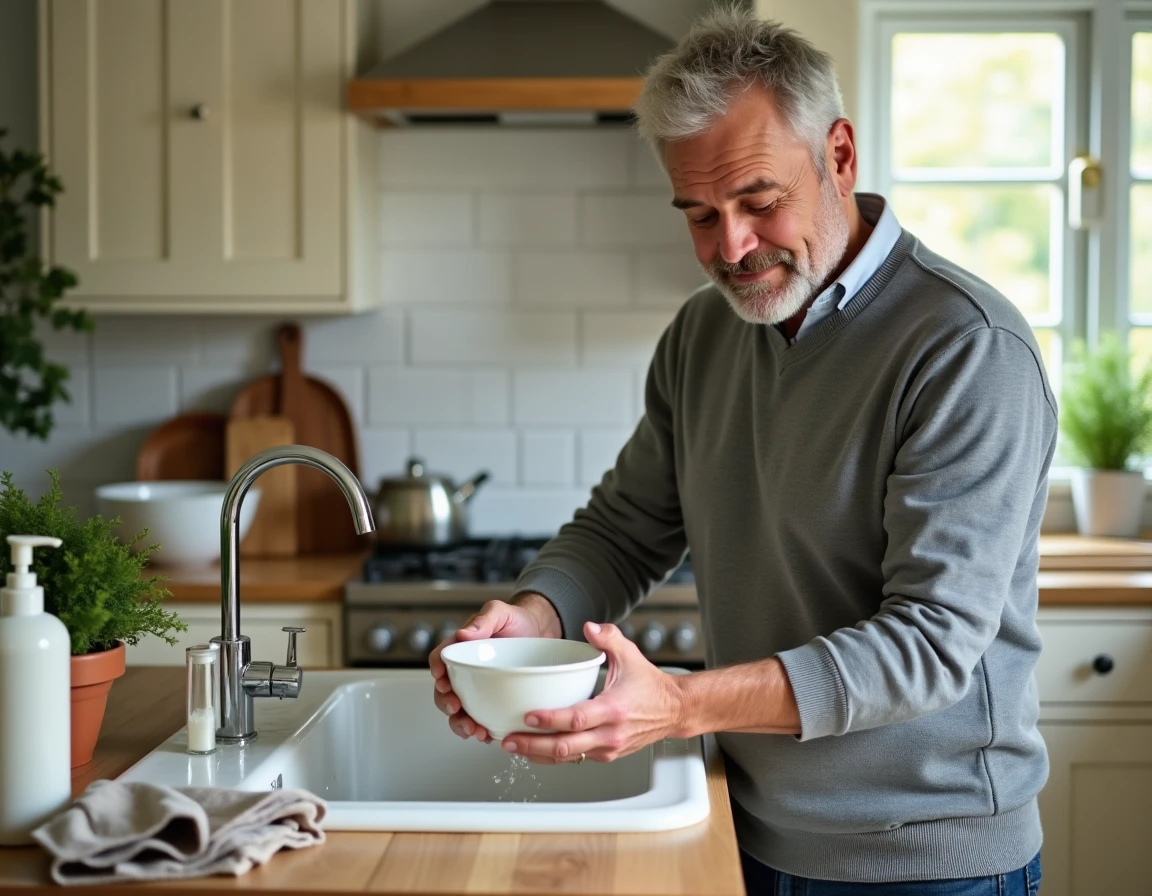 Homme lavant délicatement un bol en porcelaine fine à la main dans un évier de cuisine pour préserver la vaisselle précieuse