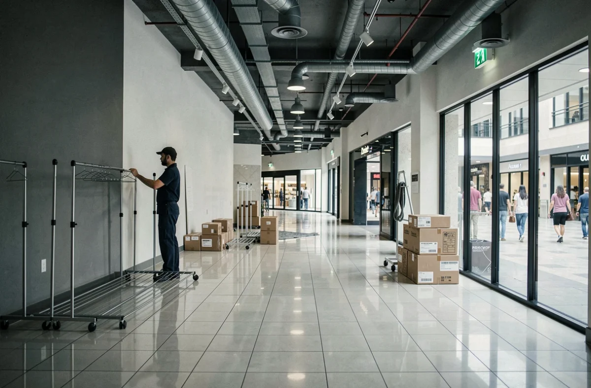 Intérieur vide d'un magasin Zara en cours de fermeture avec des rayons démontés et des cartons