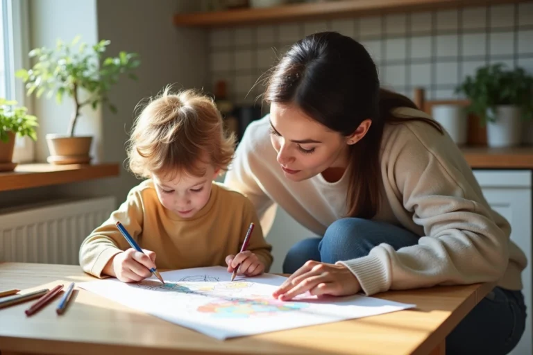 Maman et son enfant dessinant dans la cuisine ensoleillee