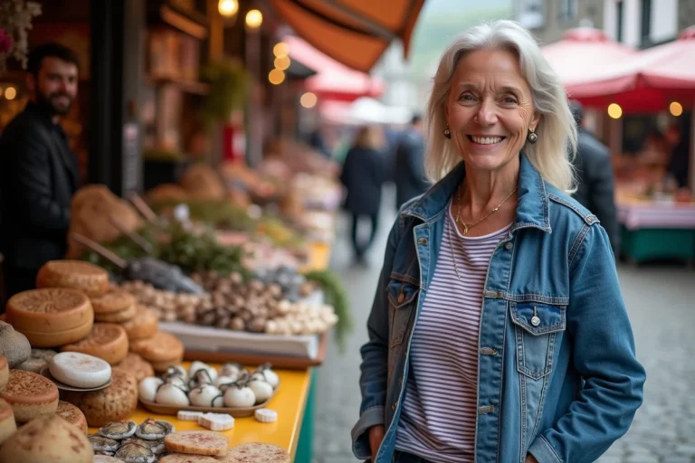 Femme bretonne en marché avec fruits de mer et fromages