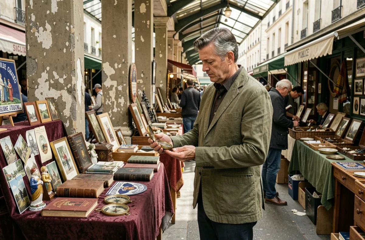 Homme parcourant un marché aux puces parisien à la découverte de bonnes affaires vintage