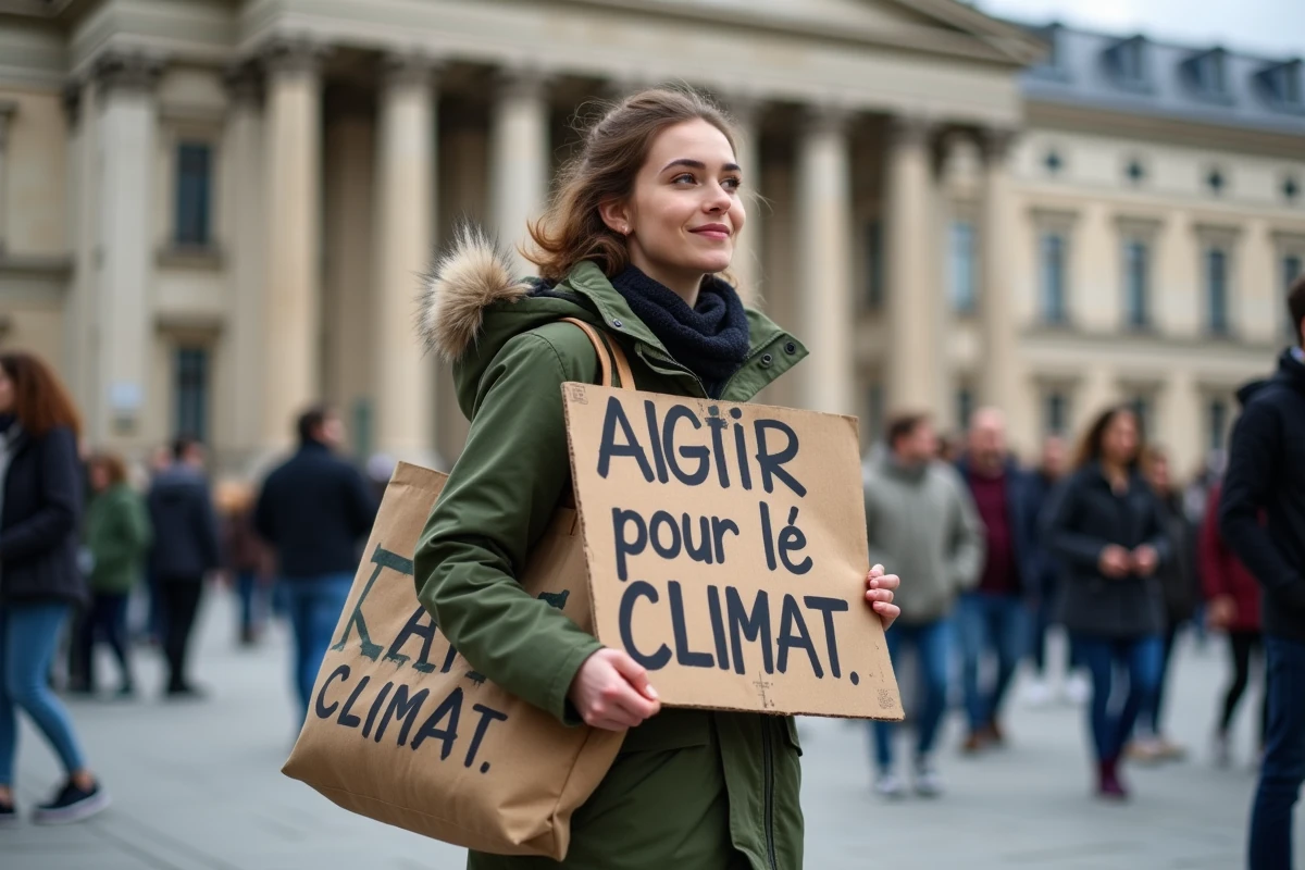 Jeune militante climatique tenant une pancarte lors d'une manifestation pour la COP devant un bâtiment gouvernemental
