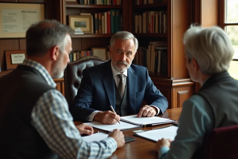 Notaire en costume avec couple rural dans son bureau