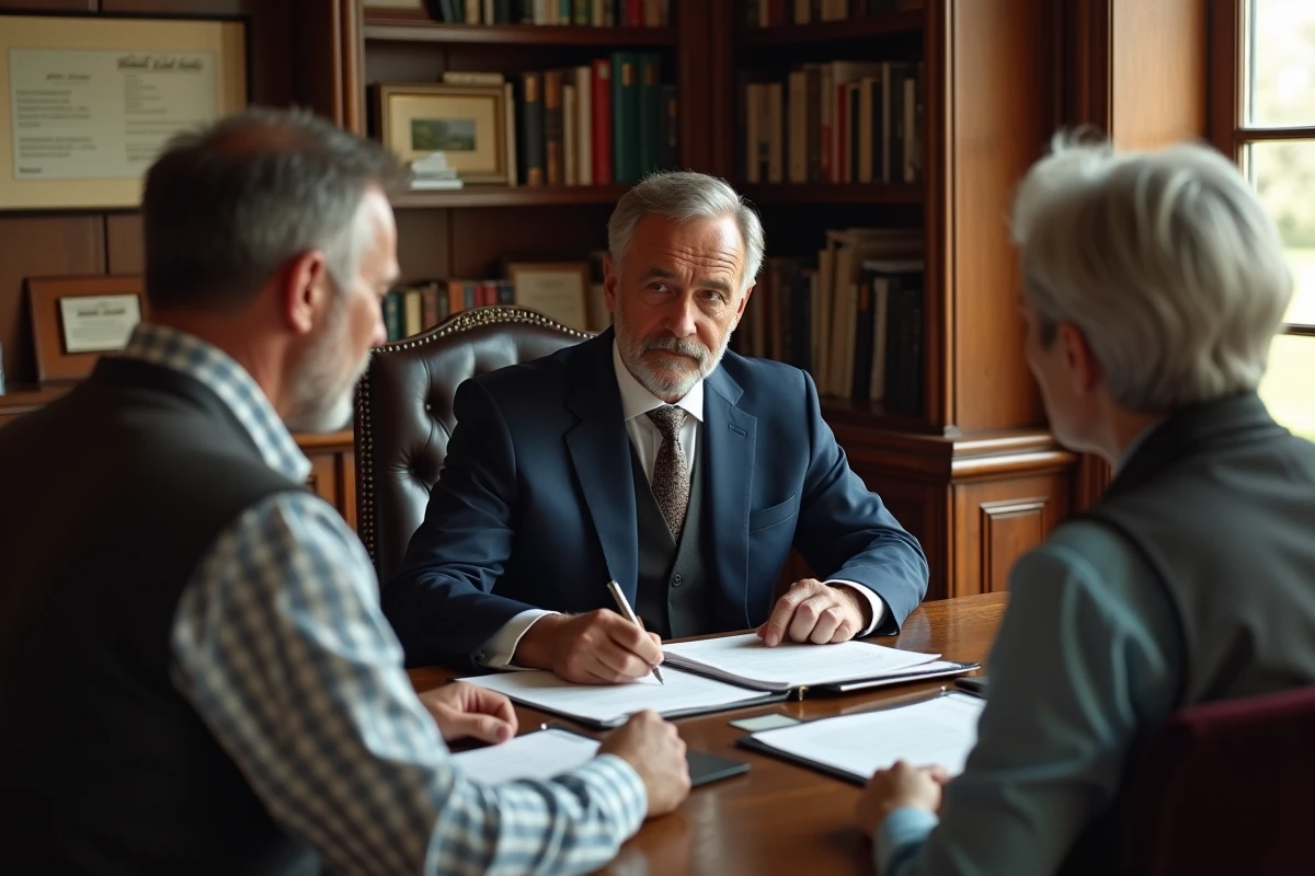 Notaire en costume avec couple rural dans son bureau