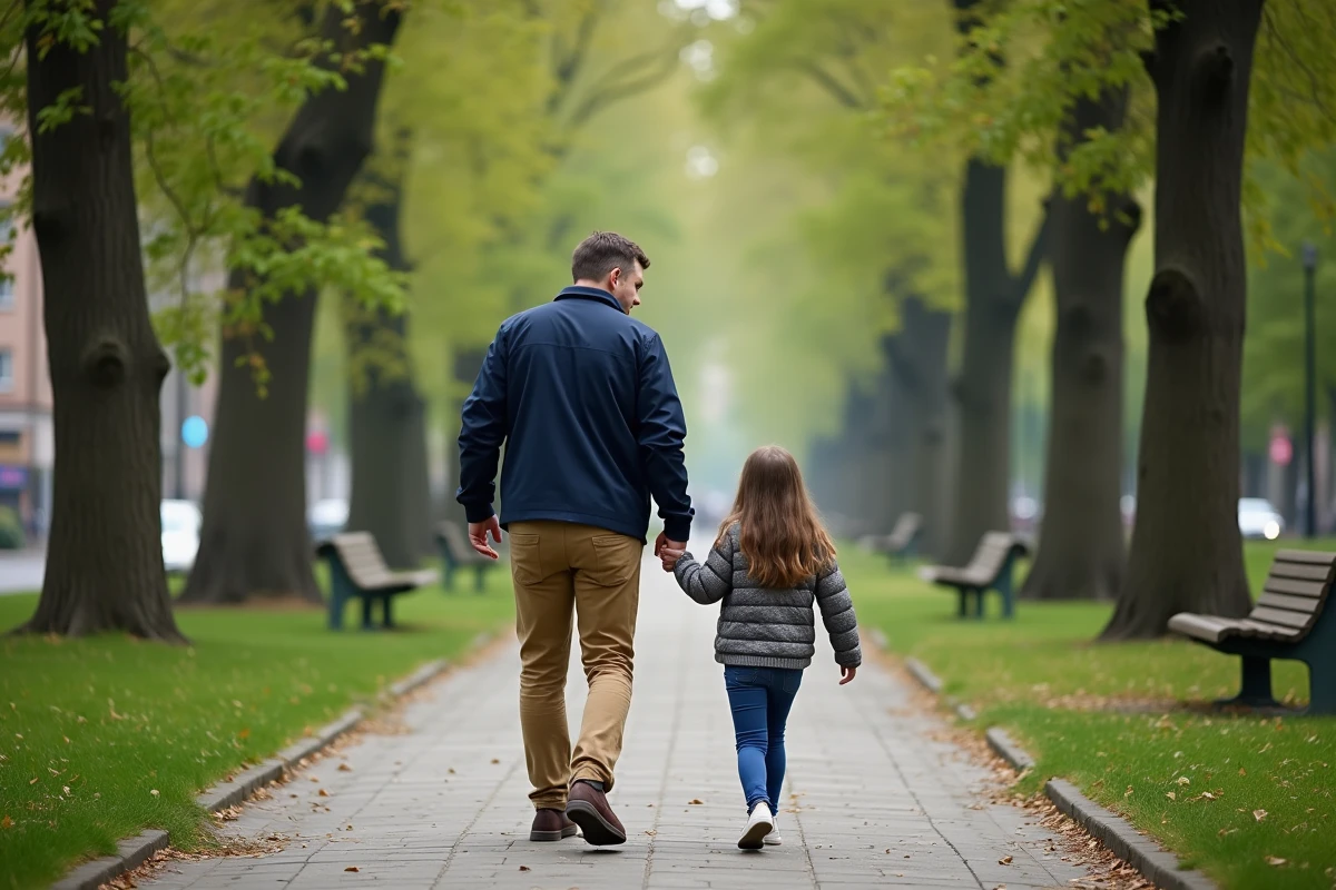 Pere et sa fille marchant dans un parc urbain verdoyant