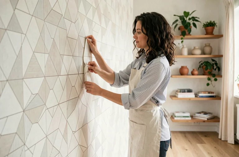 Femme appliquant du papier peint géométrique autocollant sur un mur dans un salon de style scandinave, entouré de plantes et d'étagères en bois