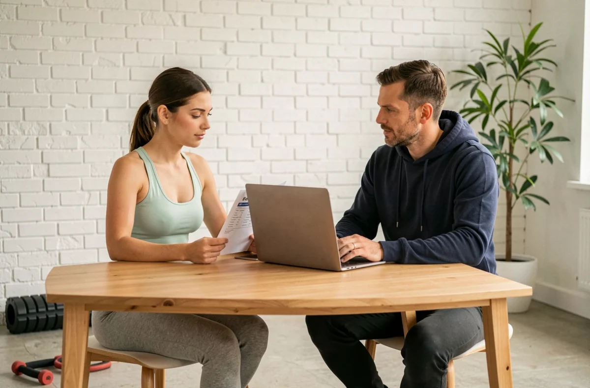 Coach sportif et cliente analysant ensemble un programme d'entraînement personnalisé dans un studio moderne