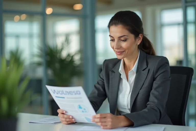 Professionnelle en entreprise consultant un programme de bien-être au travail à son bureau ergonomique dans un open space moderne