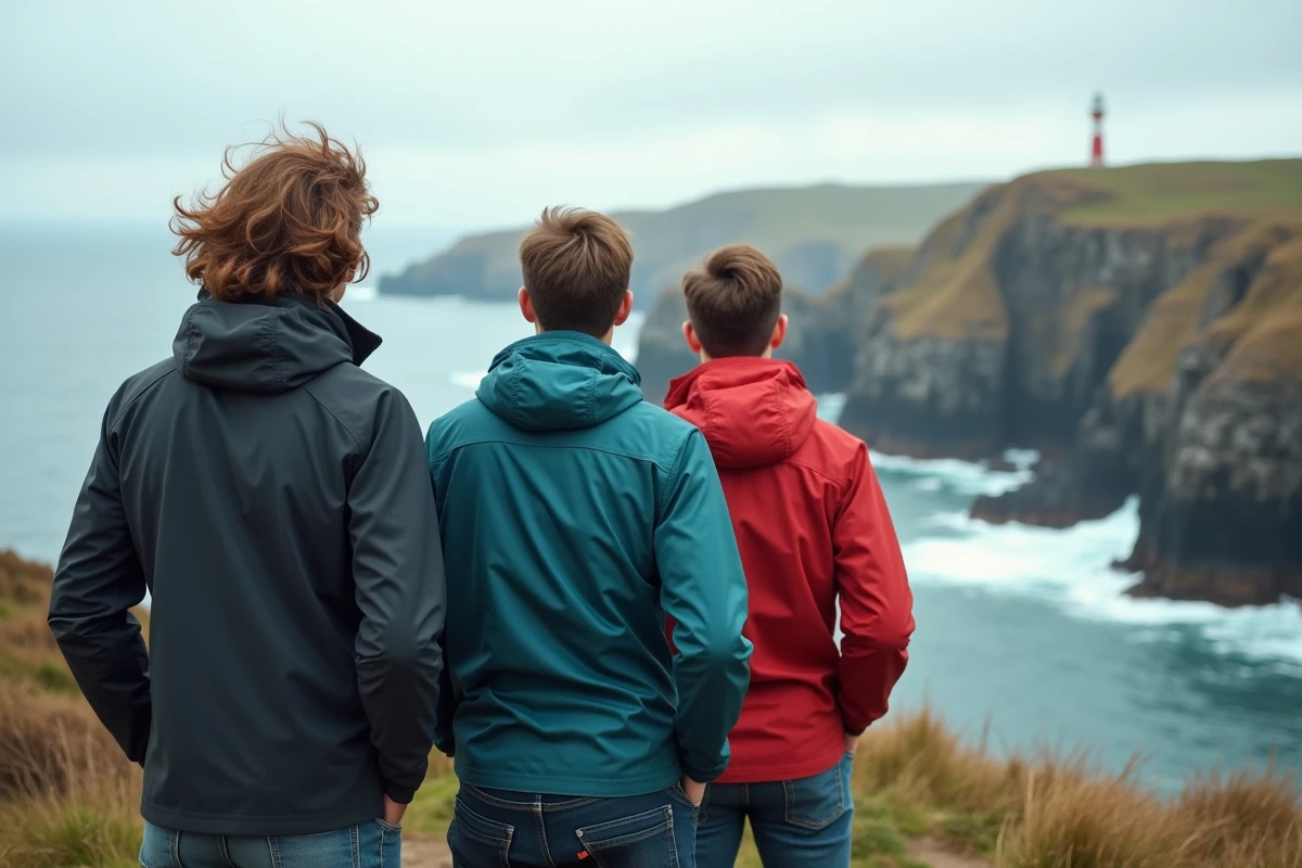 Jeunes randonneurs sur une falaise bretonne sauvage
