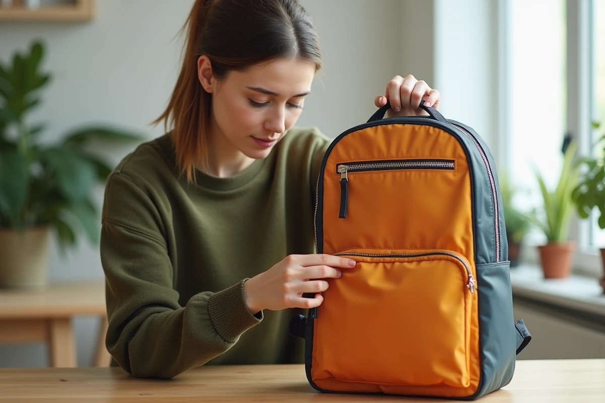 Femme inspectant la fermeture éclair et les coutures d'un sac à dos Cabaia pour détecter une contrefaçon