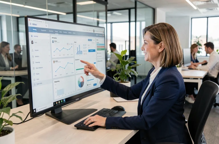 Responsable RH utilisant un logiciel de gestion du personnel sur un grand écran dans un bureau moderne en open space