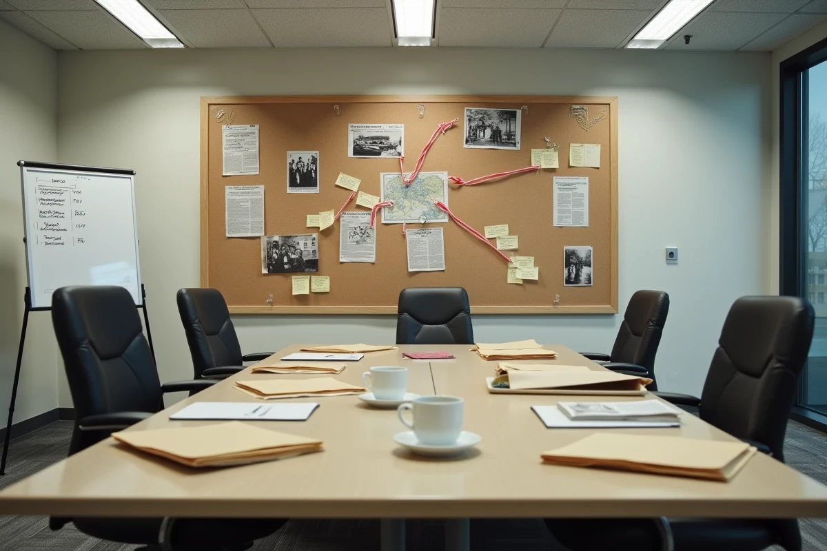 Salle d'enquête policière avec tableau d'indices et connexions dans une affaire de meurtre