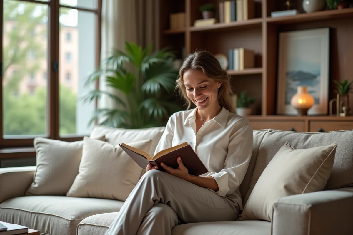 Femme lisant dans un salon cosy et lumineux