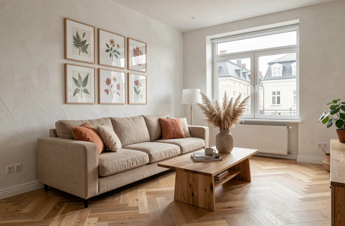 Salon scandinave moderne avec canapé en lin, table basse en chêne et mur de cadres botaniques pour une décoration intérieure valorisante