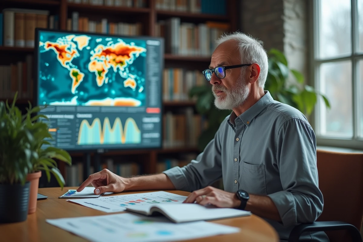 Scientifique climatique analysant des données sur la COP dans un bureau de recherche universitaire