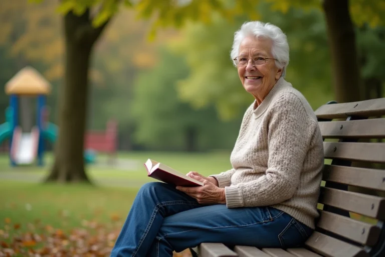 Femme âgée souriante lisant dans un parc en automne