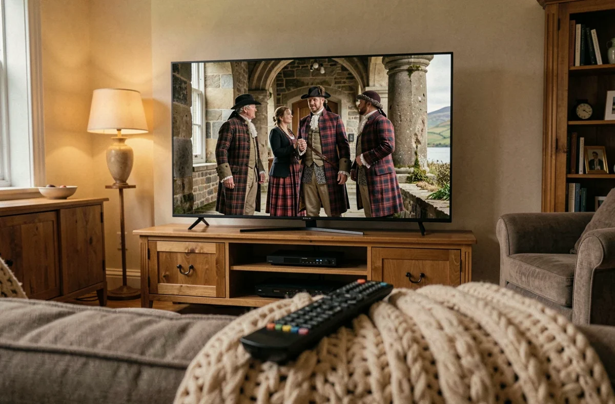 Télévision affichant une scène de la série Outlander vue depuis un canapé de salon confortable