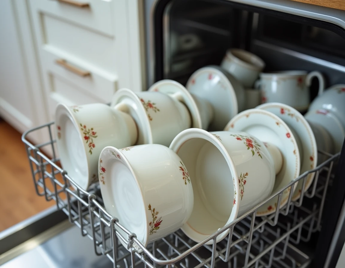 Tasses et soucoupes en porcelaine à motifs floraux disposées avec soin dans le panier supérieur d'un lave-vaisselle ouvert