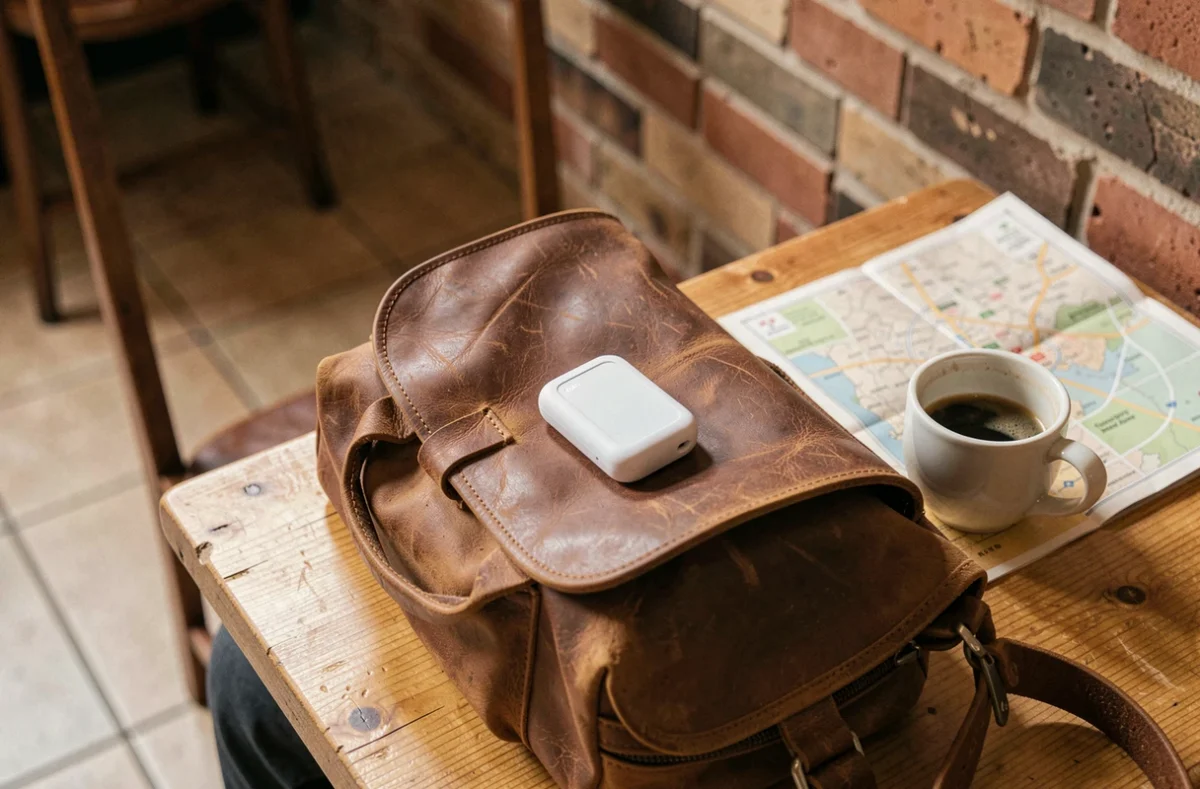 Tracker GPS Rabbit Finder posé sur un sac en cuir avec une tasse d'espresso dans un café parisien