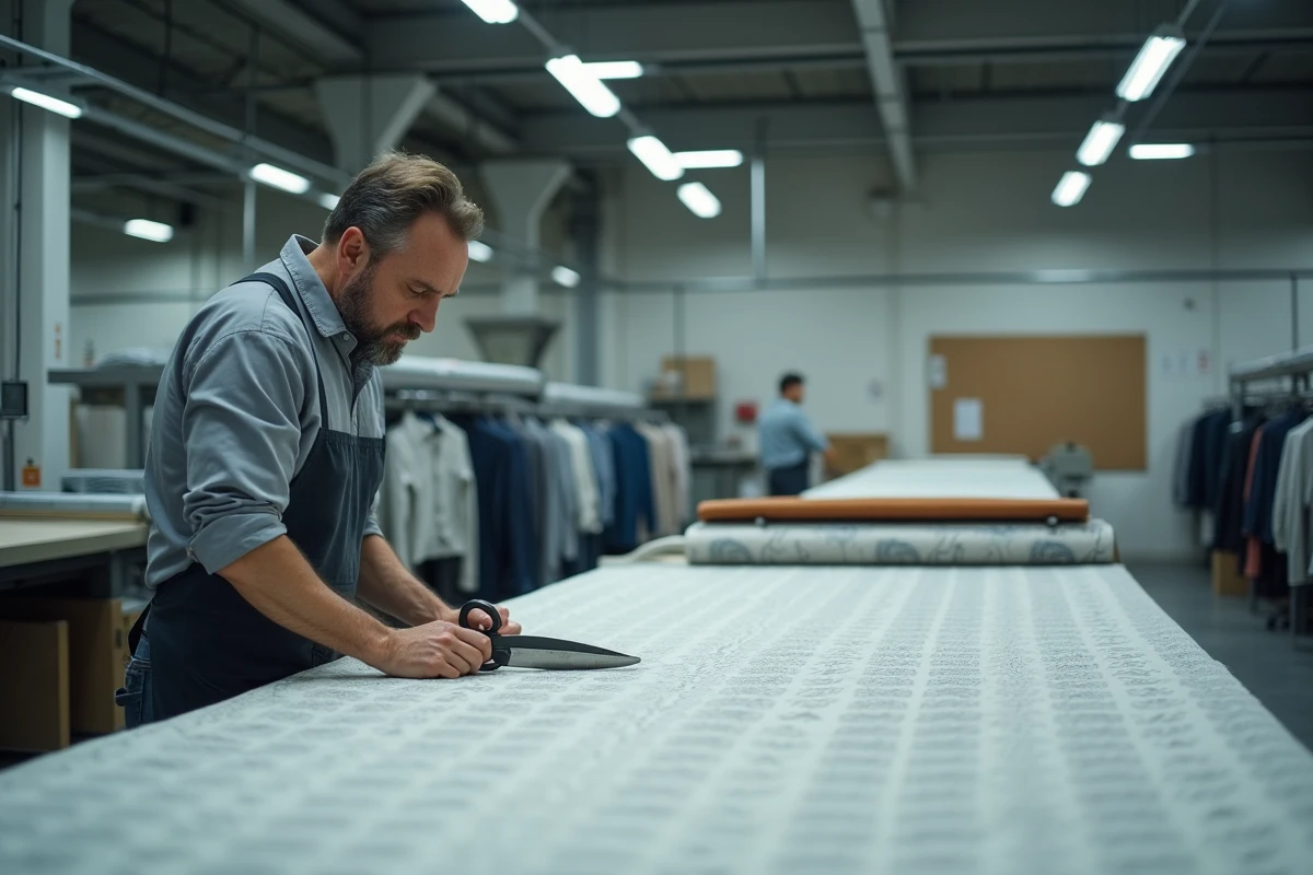 Coupeur de tissu dans une usine textile au Portugal fabriquant des vêtements pour marques françaises comme Sézane