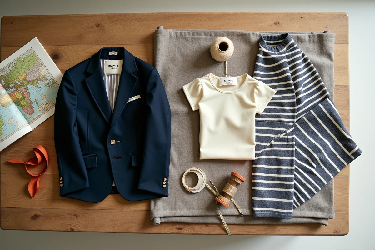 Vêtements Sézane étiquetés avec leur pays de fabrication disposés en flat-lay avec une carte du monde