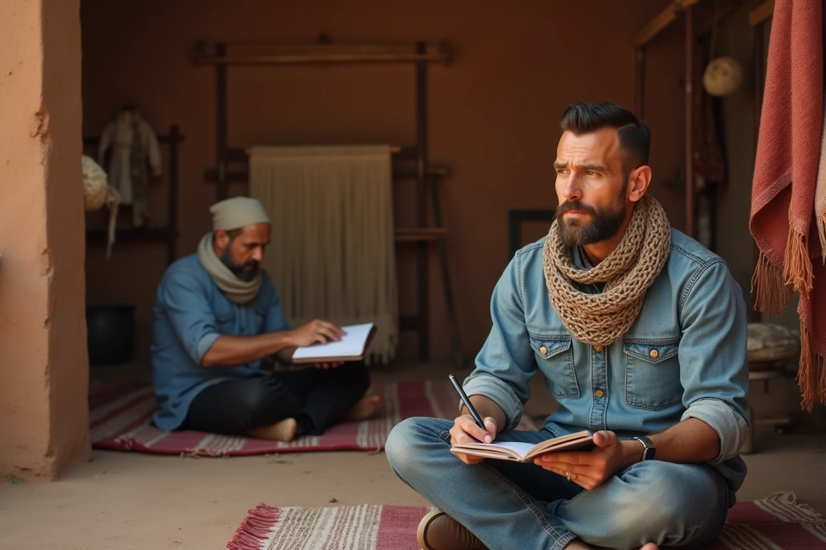 Voyageur solidaire observant un artisan tisserand dans un atelier coopératif traditionnel au Maroc