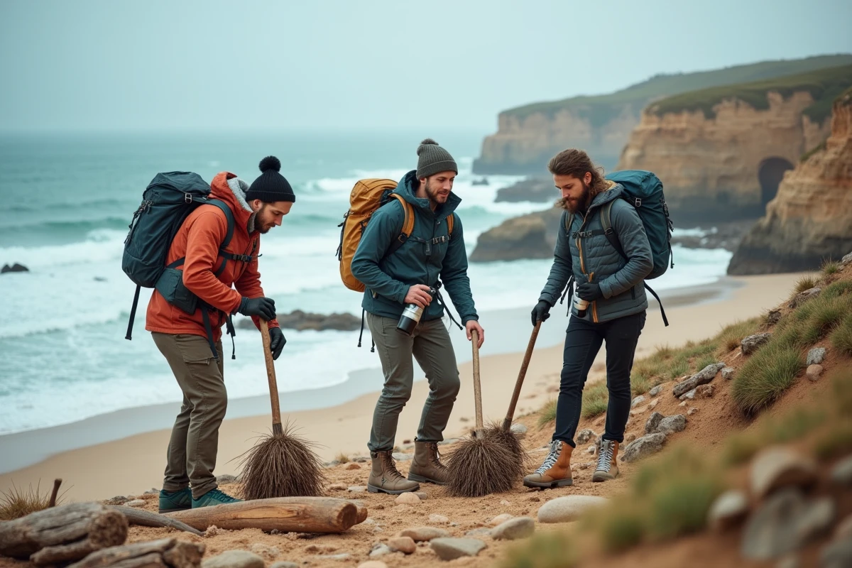 Groupe de voyageurs responsables participant à un nettoyage de plage sur le littoral portugais