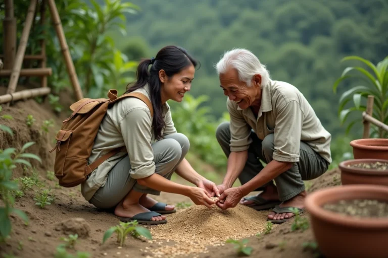 Voyageuse solidaire échangeant des graines avec des villageois locaux dans un jardin communautaire en Asie du Sud-Est
