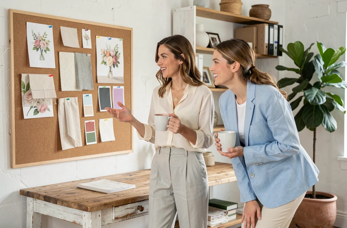 Organisatrice de mariage présentant un moodboard à une future mariée dans un studio de décoration lumineux et moderne